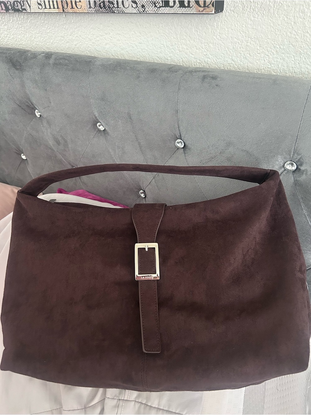 Suede Shoulder Bag with Buckle Strap in Dark Brown